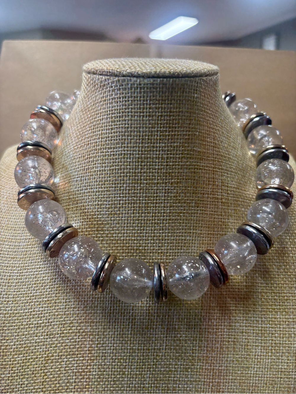 Clear Crystal Bead Statement Necklace with Mixed Metal Accents
